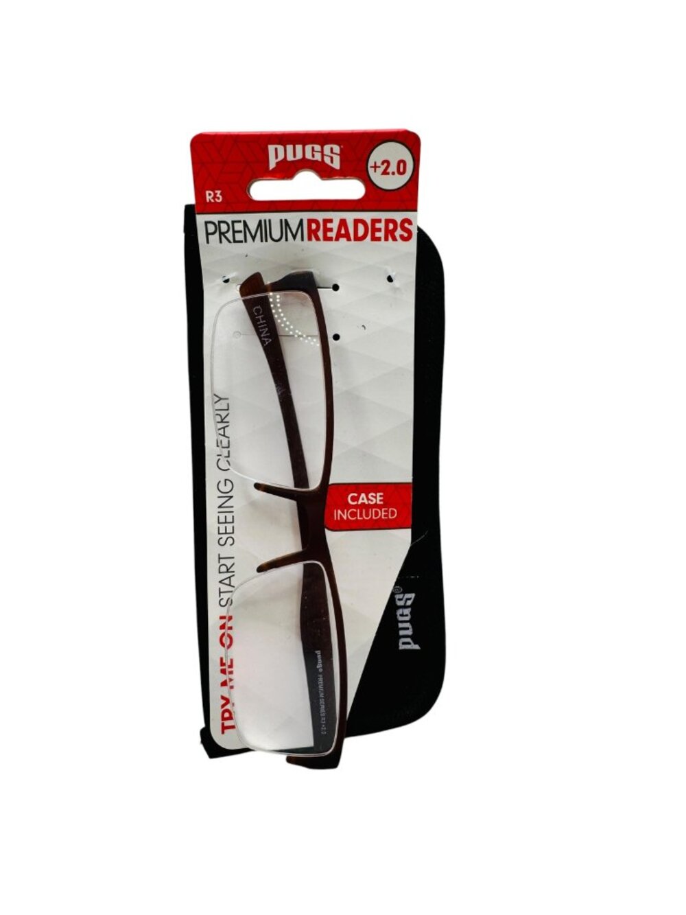 Pugs Premium Readers +2.0 Brown Reading Glasses With Case Included R3